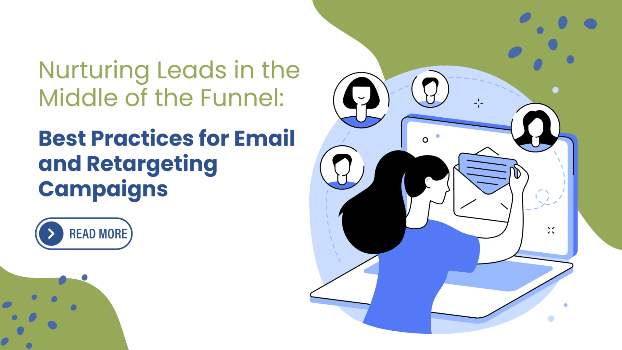 Nurturing Leads in the Middle of the Funnel Best Practices for Email and Retargeti Illustration of a person engaging with a digital marketing funnel on a laptop screen with icons and text about email strategies.